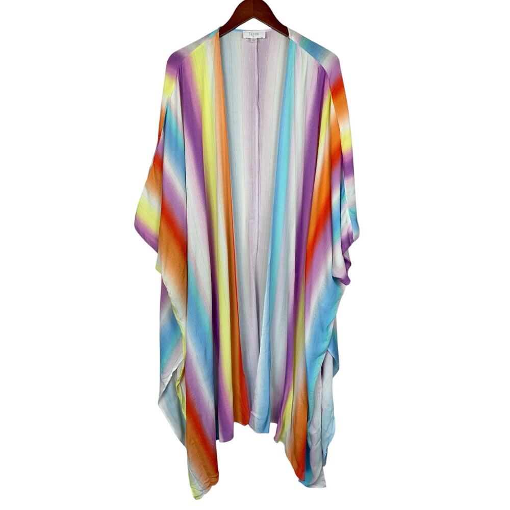 Peach Love Kimono Open Front Rainbow Stripes Metallic Flowy Cover Up Women's L